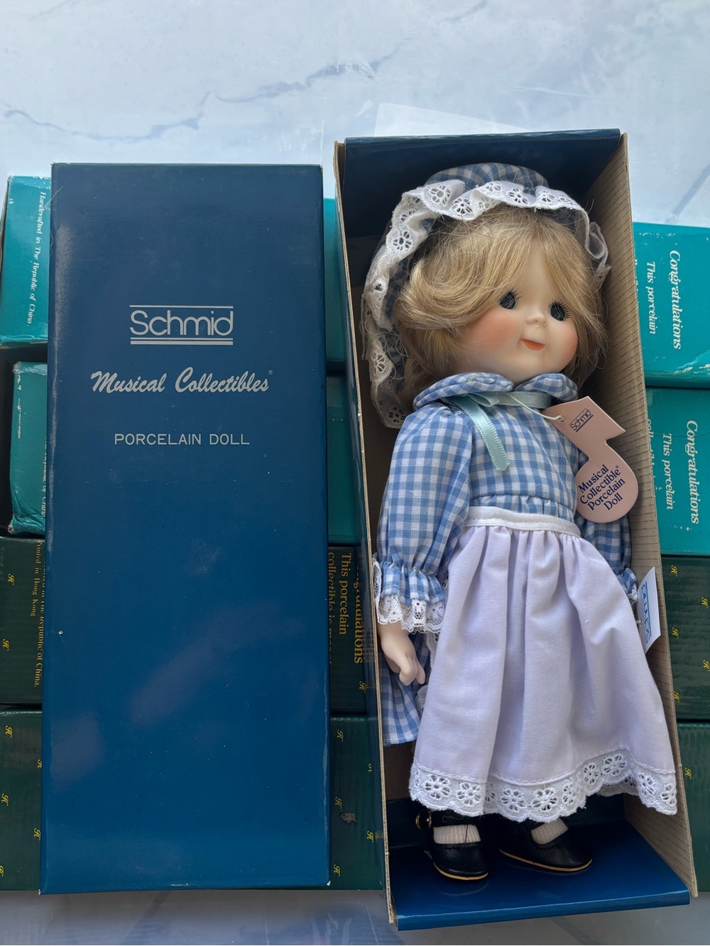 Schmid Musical Collectibles Porcelain Doll - Blue Gingham Dress